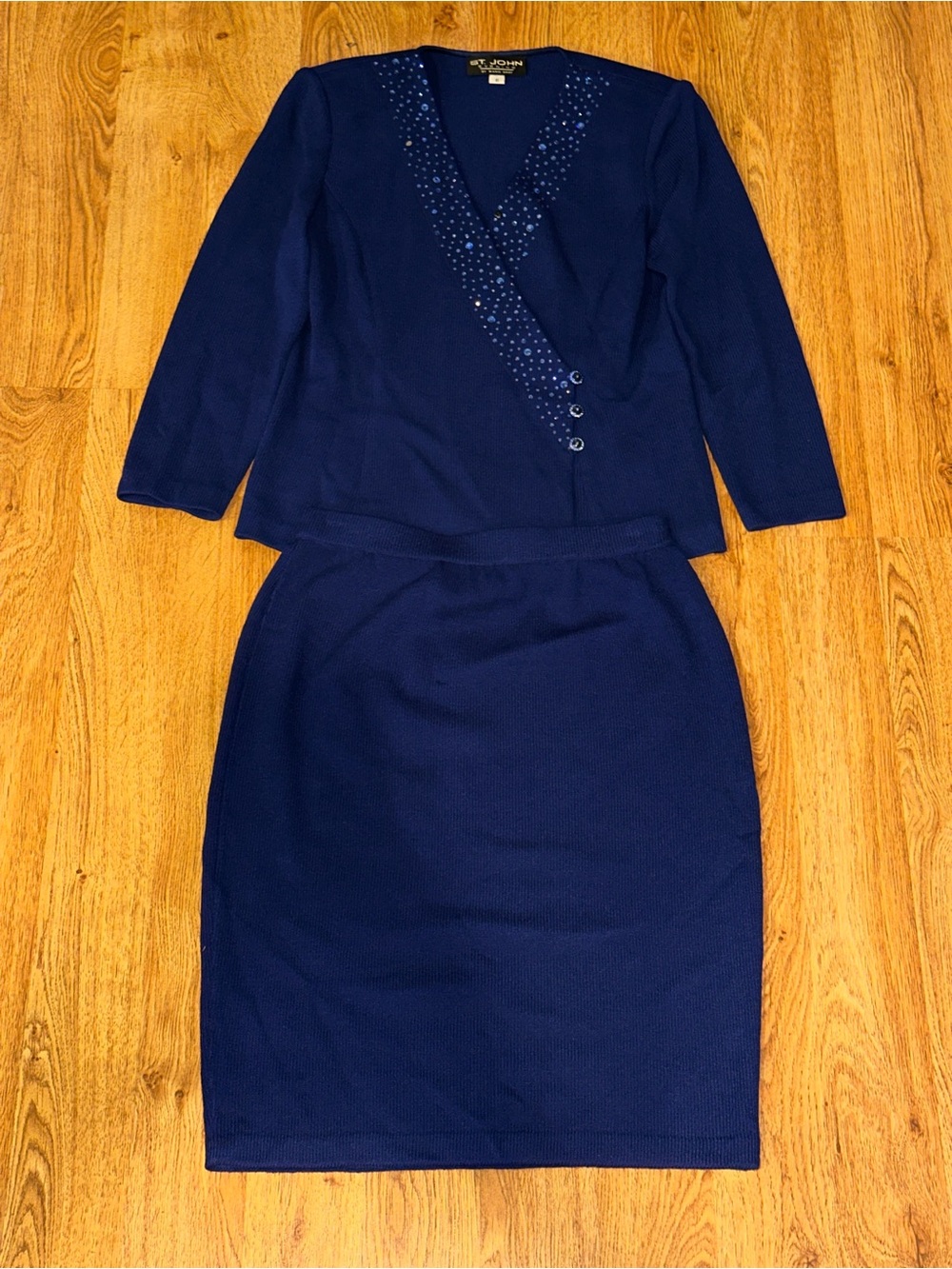 St John Evening By Marie Gray Blue Santana Knit Rhinestones Luxe Skirt Suit FLAW